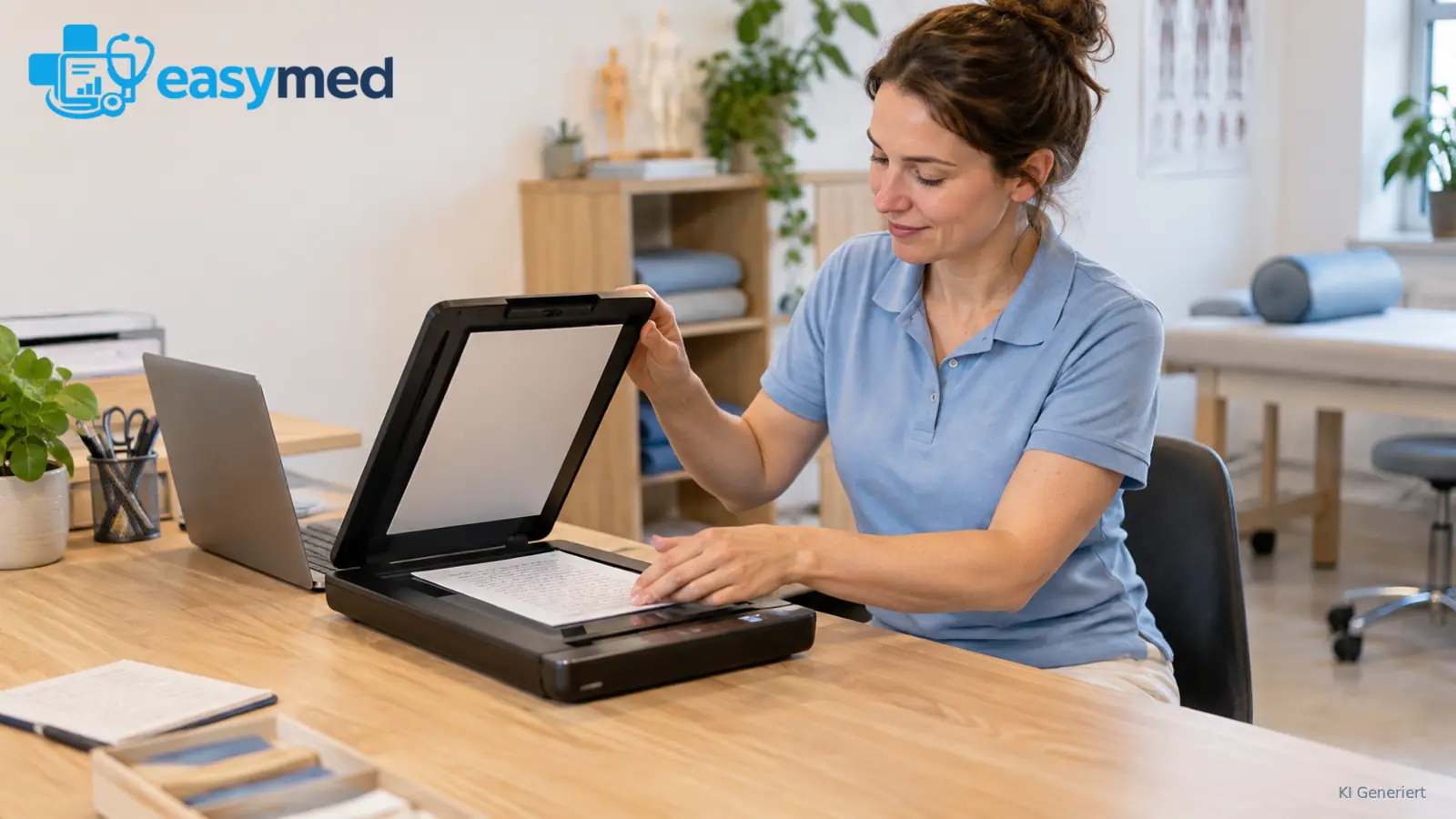 Handschriftlicher Befund wird neben einem Laptop für die Digitalisierung in einen Scanner gelegt.
