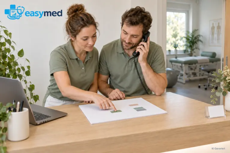 Zwei Praxiskollegen stimmen am Empfang eine Terminplanung ab; ein Kollege hält den Telefonhörer.