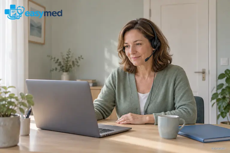 Eine Mitarbeiterin mit Headset am Laptop in einem ruhigen häuslichen Arbeitszimmer.