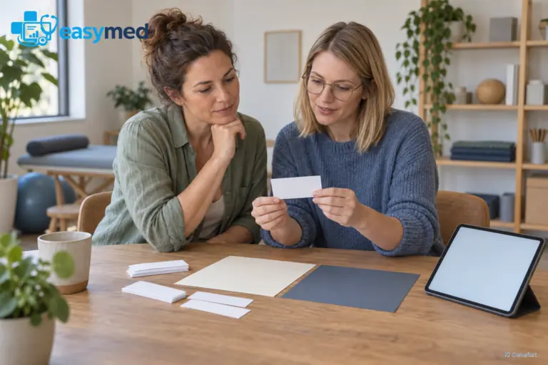 Zwei Frauen betrachten eine kleine leere Terminunterlage neben einem Tablet und vorbereiteten Papierflächen.