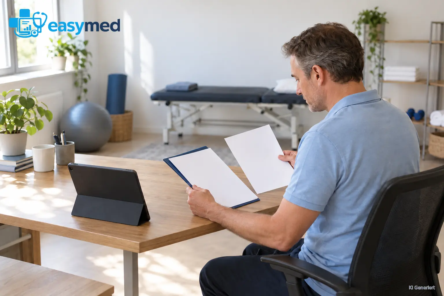 Physiotherapeut vergleicht zwei Unterlagen in einer blauen Mappe am Schreibtisch einer hellen Therapiepraxis.