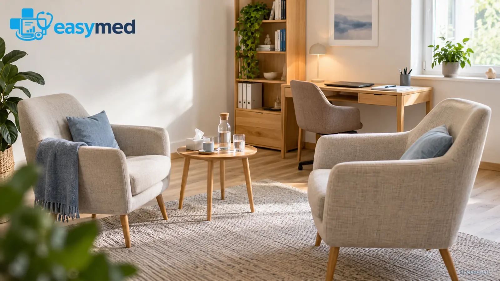 Ruhiger psychotherapeutischer Gesprächsraum mit vorbereitetem Arbeitsplatz für die Dokumentation.