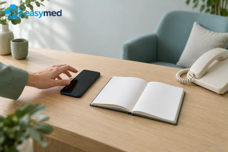 Hand neben einem Smartphone mit dunklem Display, einem vollständig leeren Notizbuch und einem hellen Tischtelefon auf einem Holztisch.