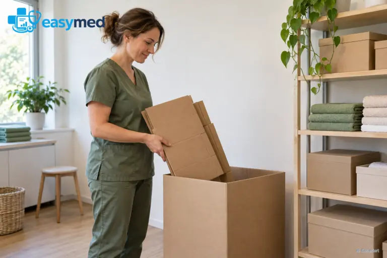 Mitarbeiterin sammelt saubere Kartonverpackungen im Materialraum einer Therapiepraxis