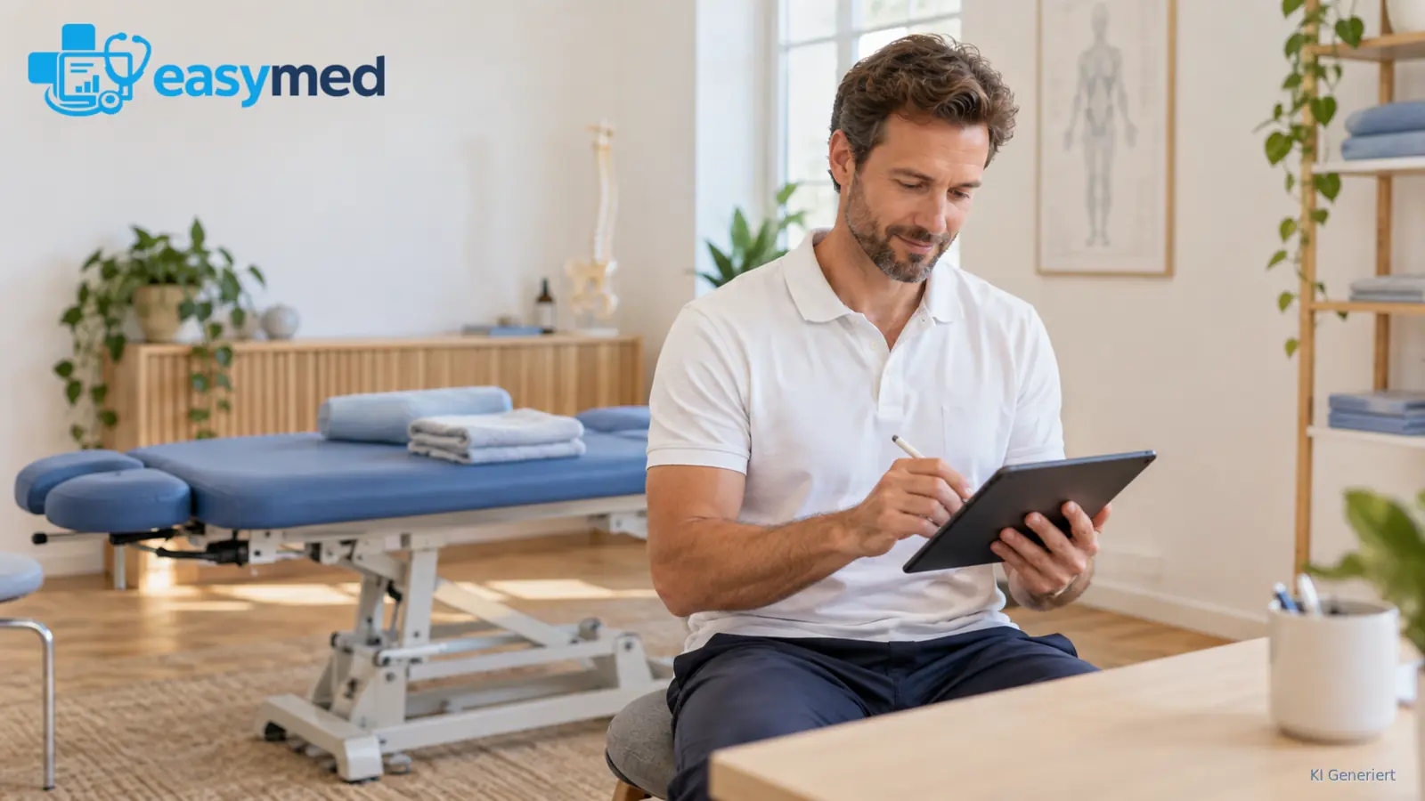Osteopath hält nach einer Sitzung eine kurze Dokumentationsnotiz am Tablet fest.