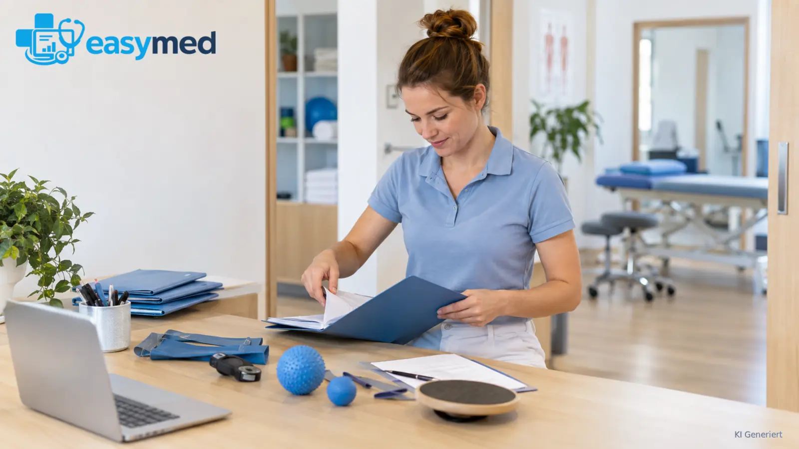 Physiotherapeutin bereitet Terminunterlagen und Arbeitsmaterial in einer spezialisierten Praxis vor.
