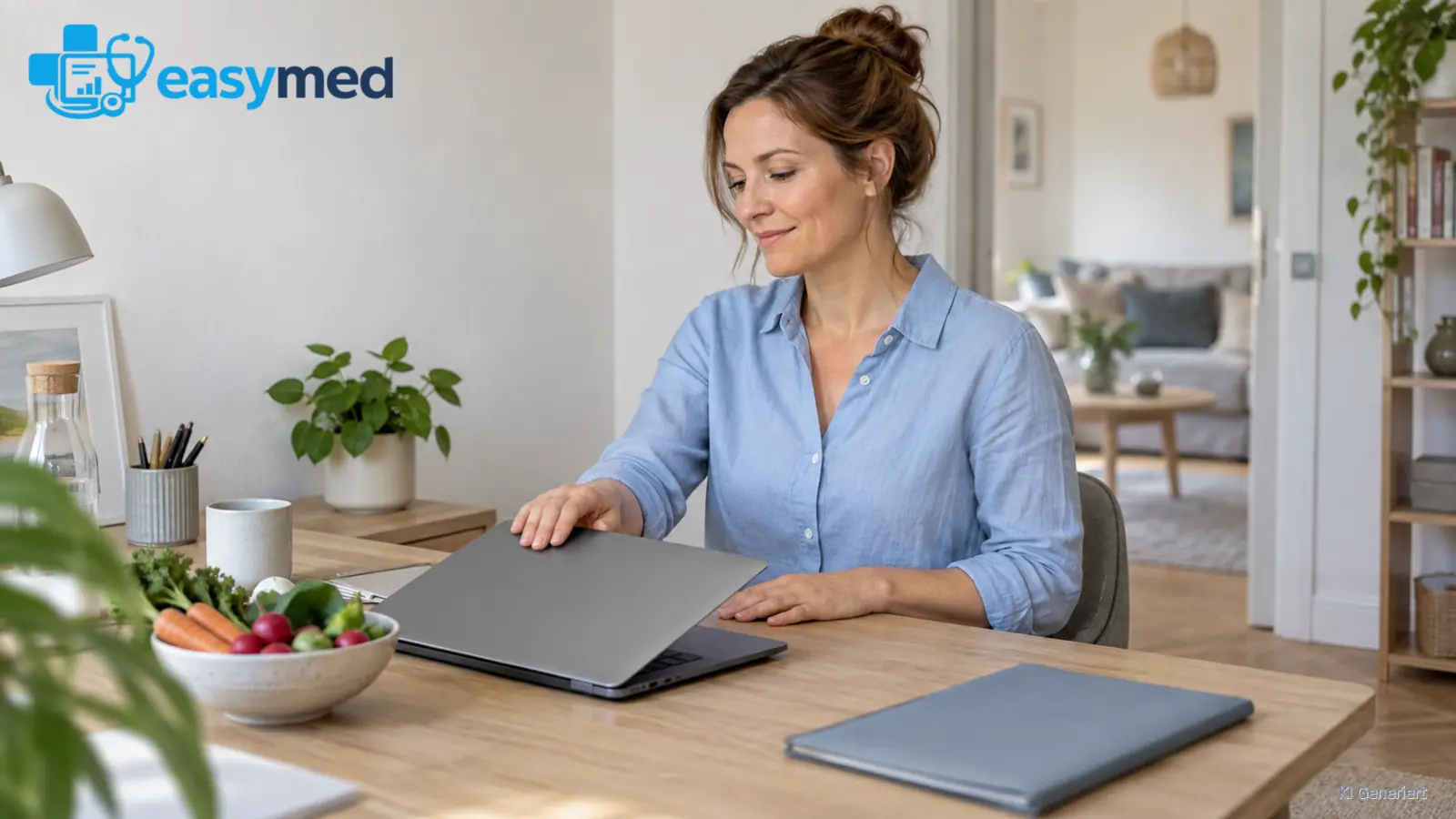 Ernährungsberaterin schließt ihren Laptop am aufgeräumten Schreibtisch im separaten Homeoffice.