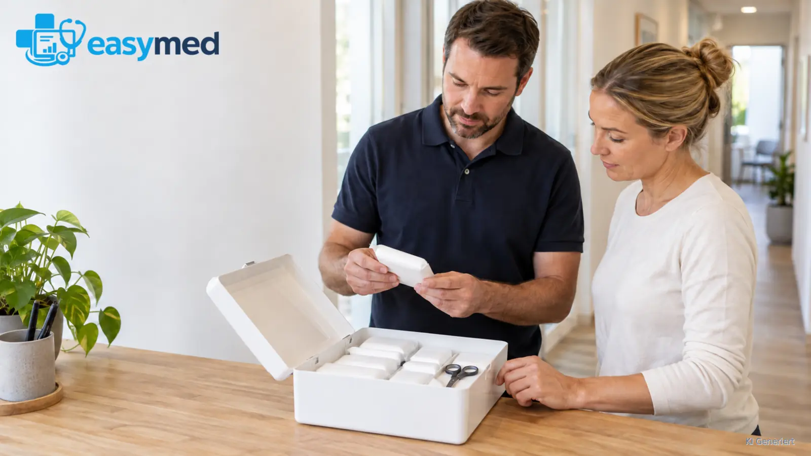 Zwei Teammitglieder prüfen geschlossene weiße Verbandmaterial-Packungen in einem geöffneten Kasten auf einer Holzarbeitsfläche.