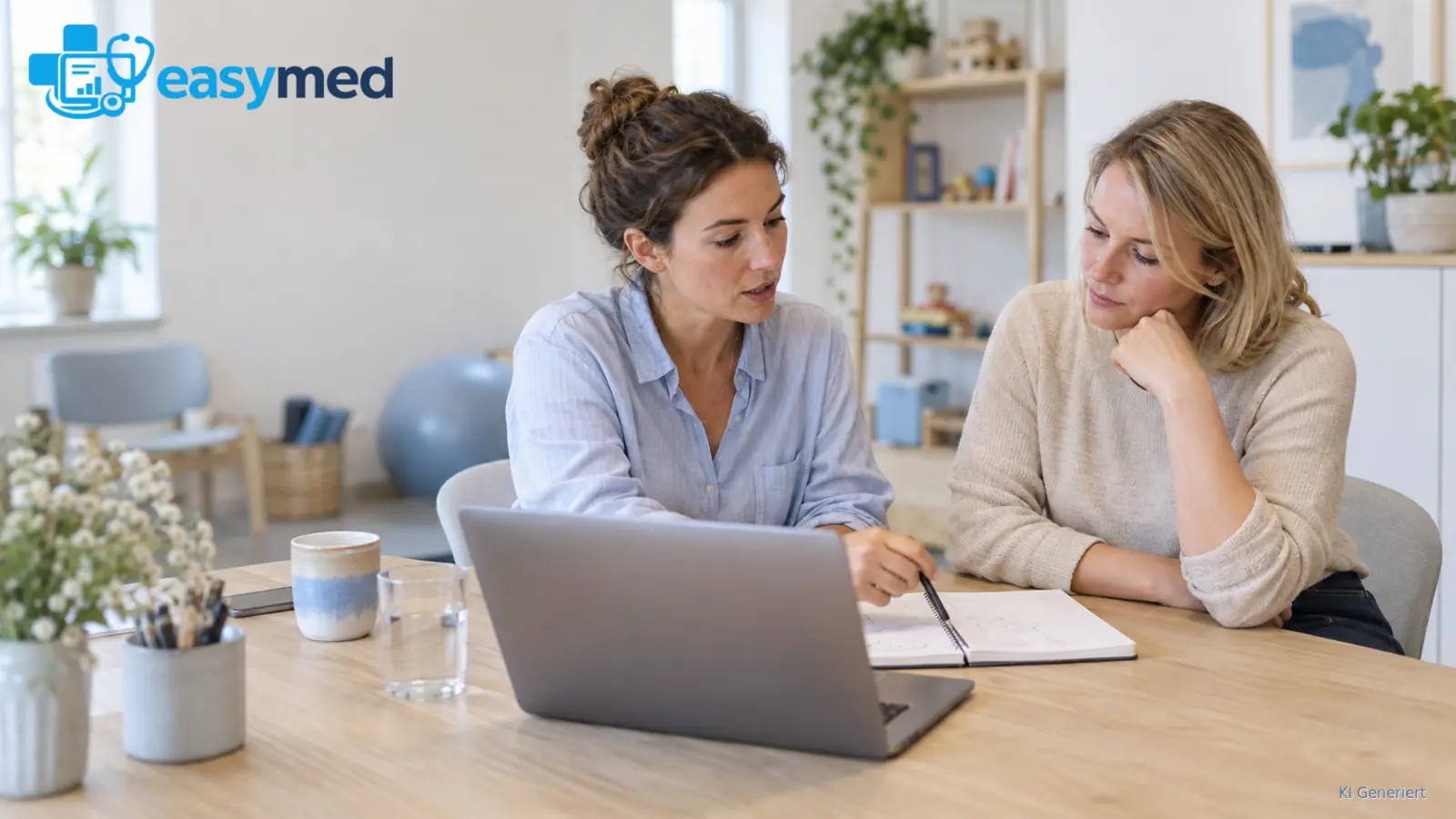 Zwei Frauen sitzen vor einem Laptop und besprechen Notizen in einem Heft.