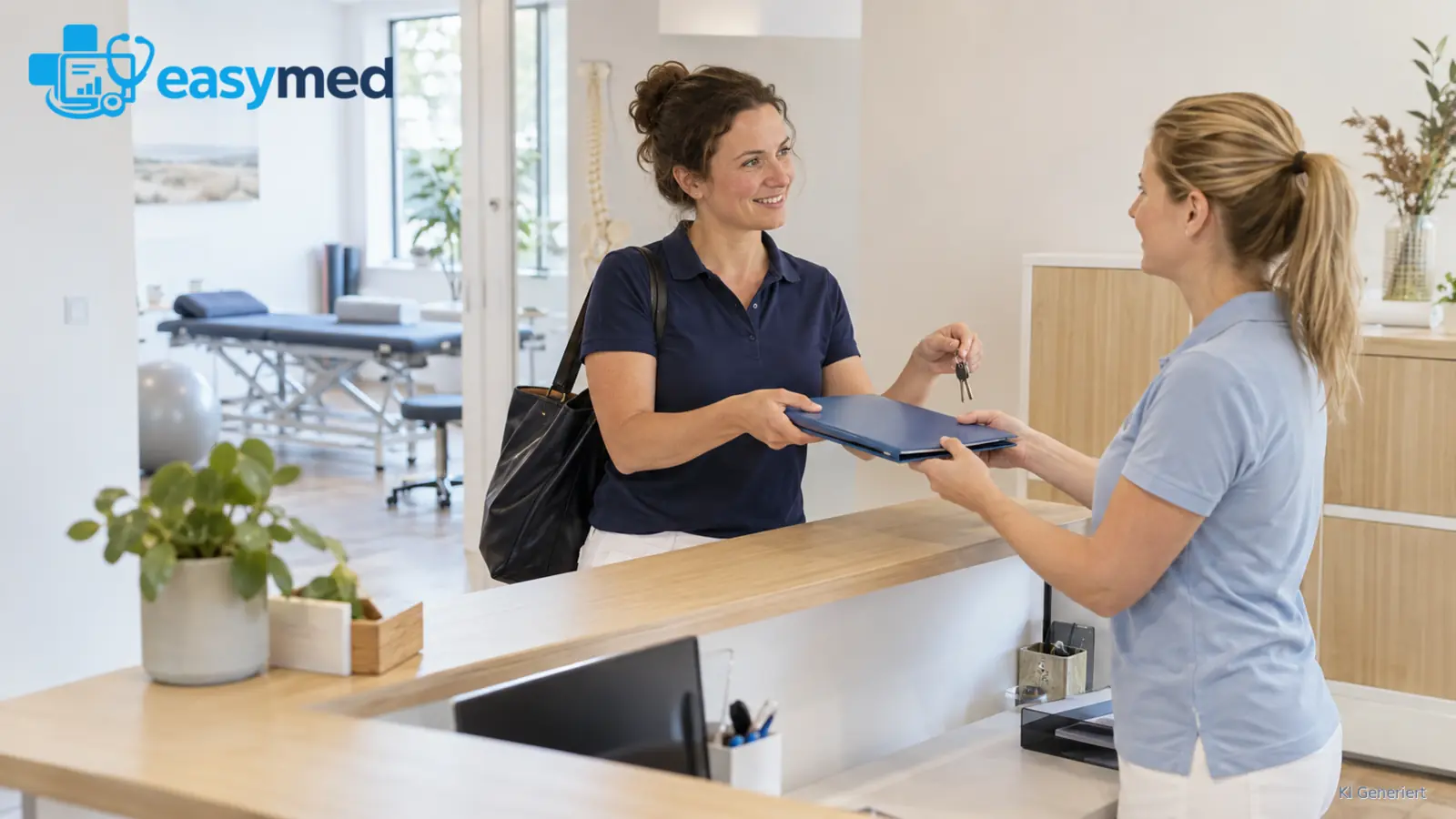 Physiotherapeutin übergibt Praxisunterlagen und Schlüssel an eine Kollegin zur Vertretung.