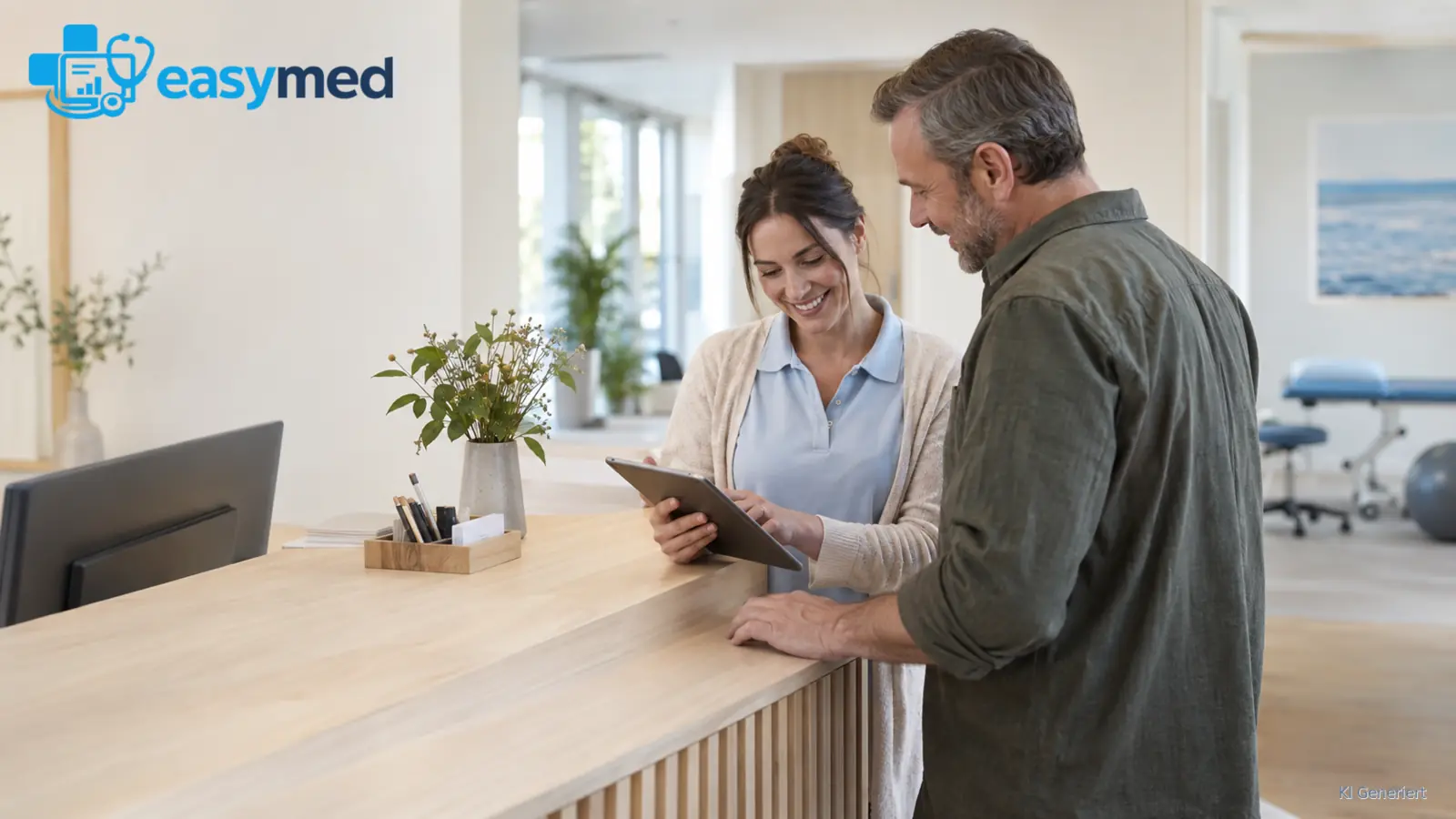 Therapeutin vereinbart mit einem Patienten einen Folgetermin am Tablet.