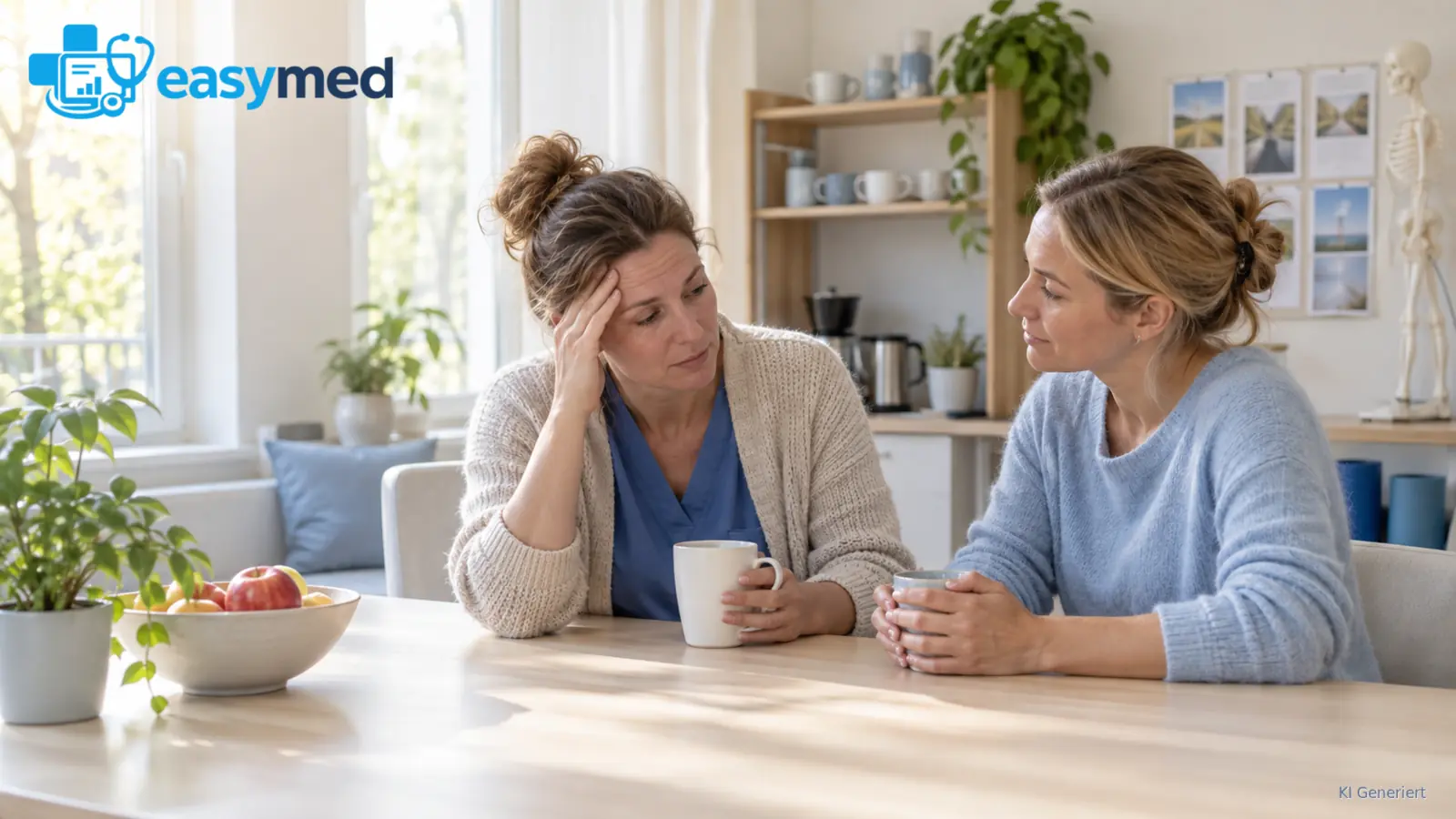 Zwei Mitglieder des Therapieteams sprechen während einer ruhigen Pause über ihre Arbeitsbelastung.