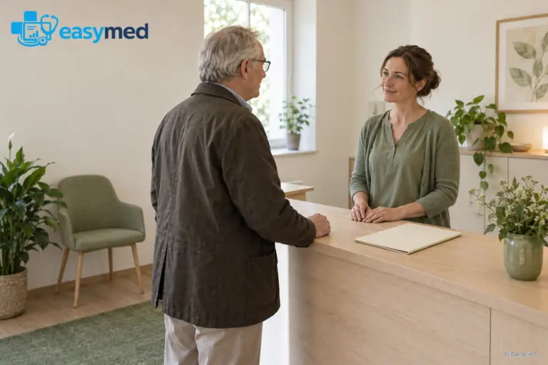 Praktikerin begrüßt einen älteren Besucher am hellen Empfangstresen einer kleinen privaten Therapiepraxis.