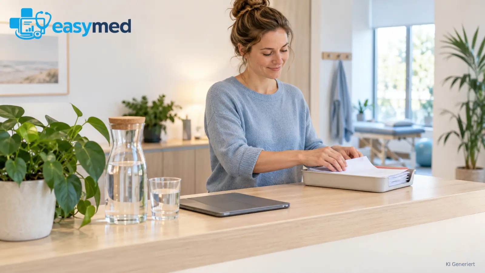 Wiederverwendbare Papierablage, Wasserkaraffe und Tablet an einem hellen Praxisschreibtisch.