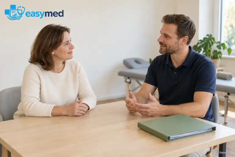 Physiotherapeut und erwachsene Patientin sprechen an einem Holztisch vor dem ersten geplanten Behandlungstermin.
