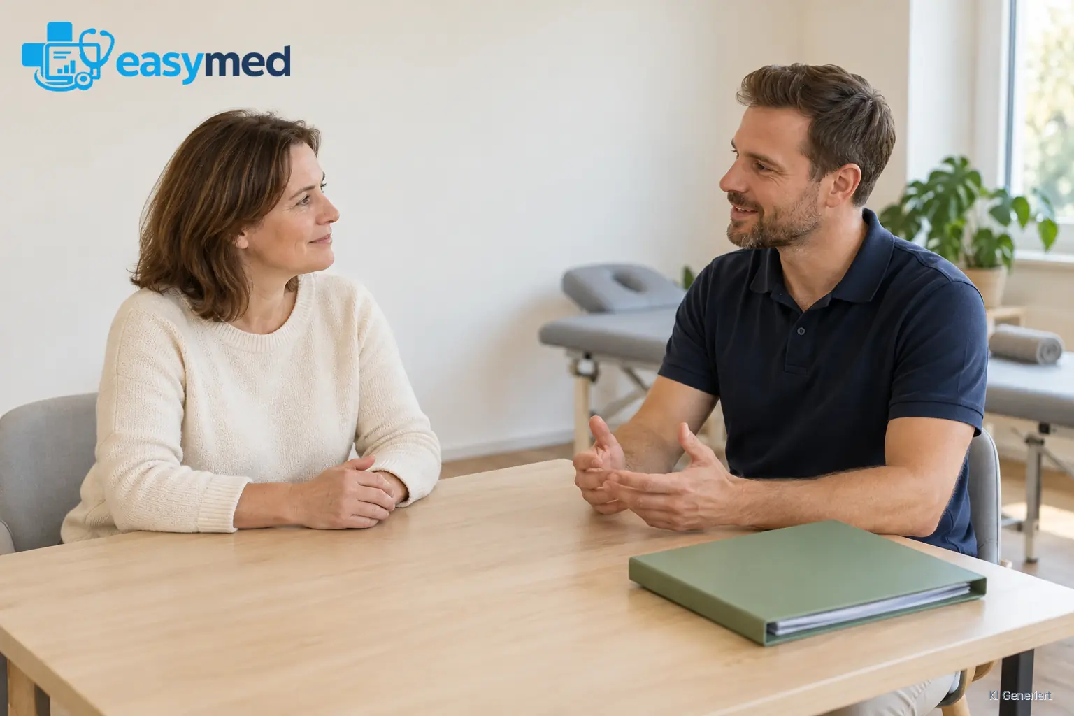 Physiotherapeut und erwachsene Patientin sprechen an einem Holztisch vor dem ersten geplanten Behandlungstermin.