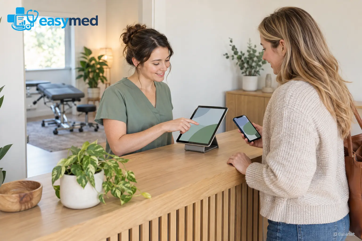 Eine Empfangsmitarbeiterin zeigt einer Besucherin mit Smartphone ein Tablet; im Hintergrund steht eine Behandlungsbank.