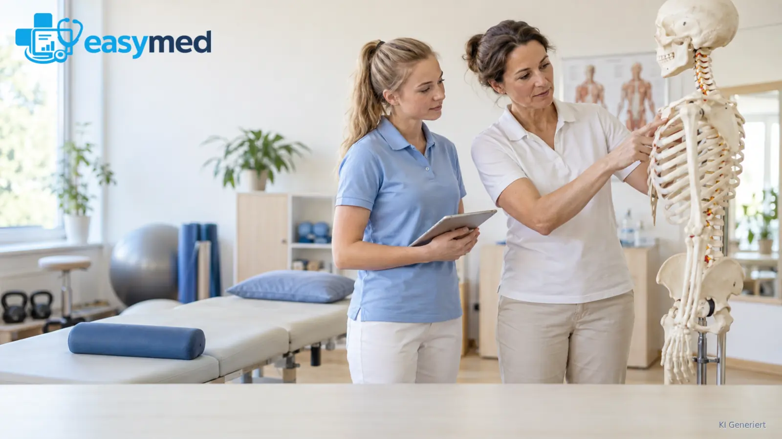 Physiotherapiestudentin bespricht den Praxisalltag mit einer erfahrenen Therapeutin.
