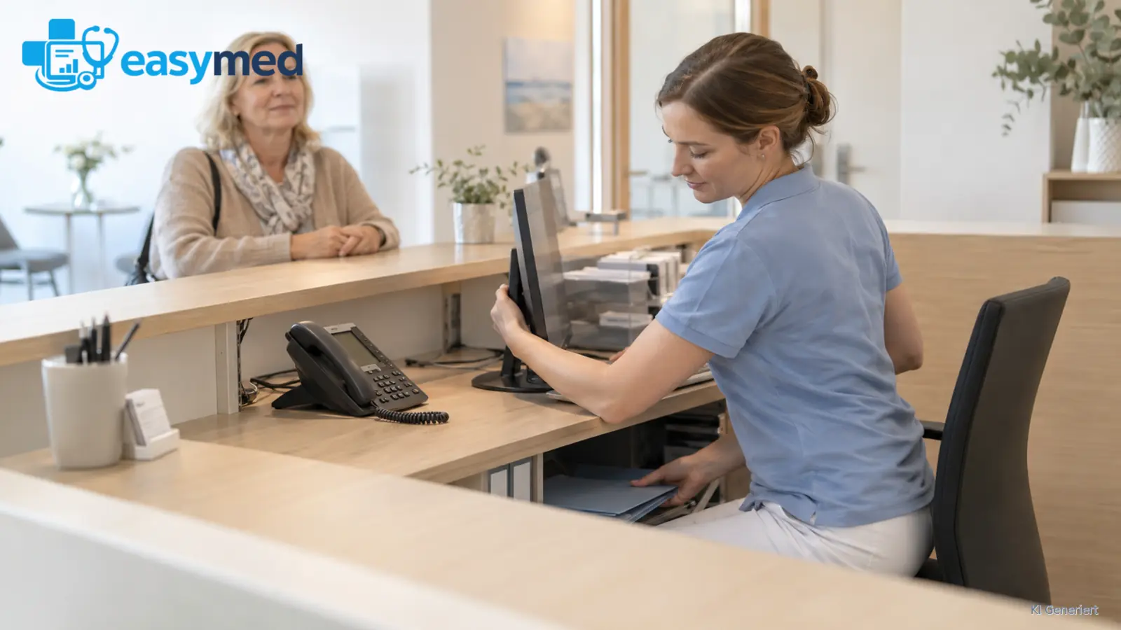 Empfangsmitarbeiterin schützt Bildschirm und Patientenunterlagen vor fremden Blicken.