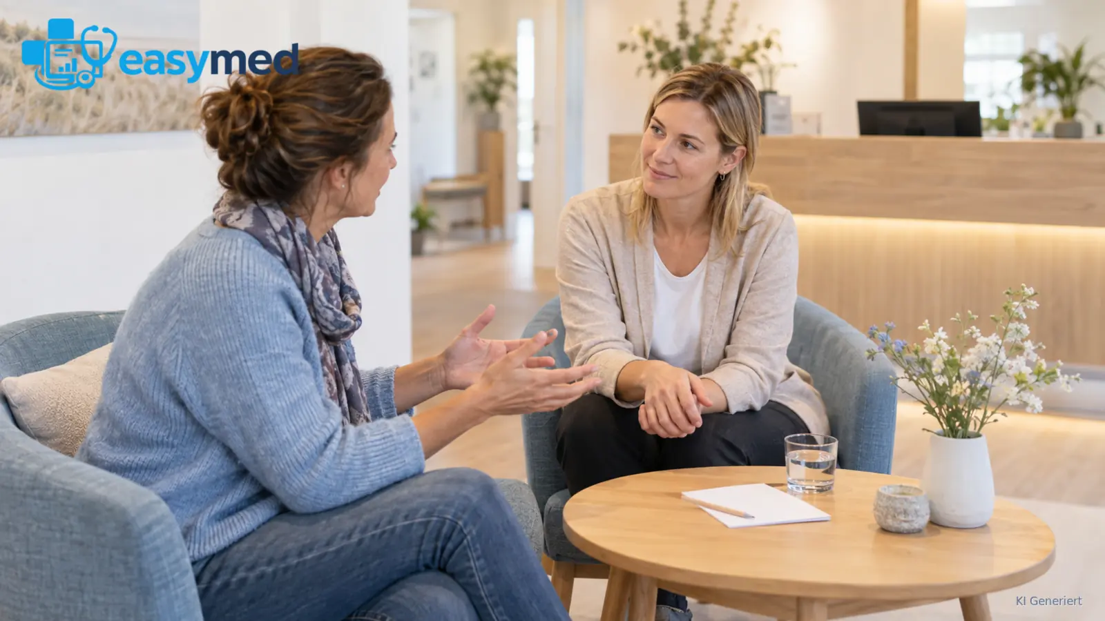 Therapeutin hört einer Patientin bei deren Rückmeldung zur Praxis aufmerksam zu.