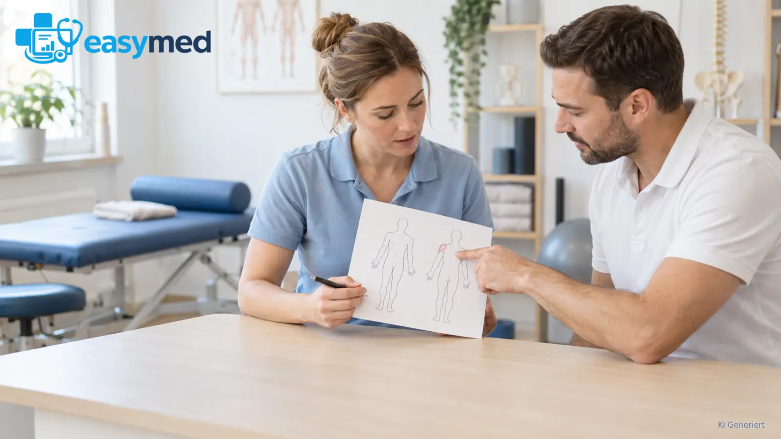 Zwei Physiotherapeuten prüfen eine schematische Körperzeichnung für die Dokumentation.