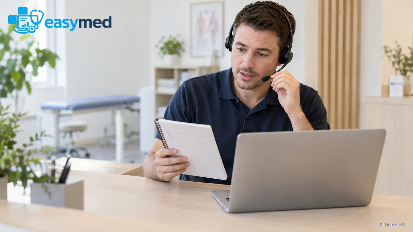 Praxismitarbeiter meldet ein Softwareproblem per Headset und prüft seine Notizen.