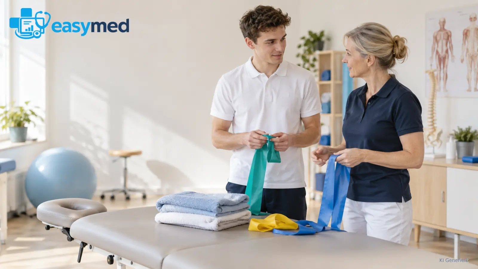 Physiotherapieschüler bereitet mit seiner Ausbilderin den Behandlungsraum vor.