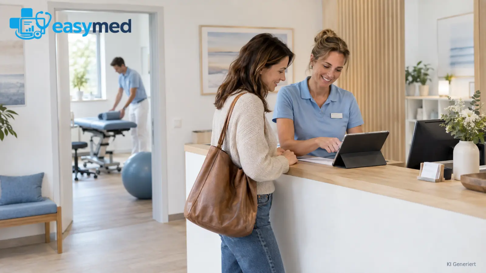Therapeutin begrüßt eine neue Patientin am Empfang, während ein Kollege den Behandlungsraum vorbereitet.