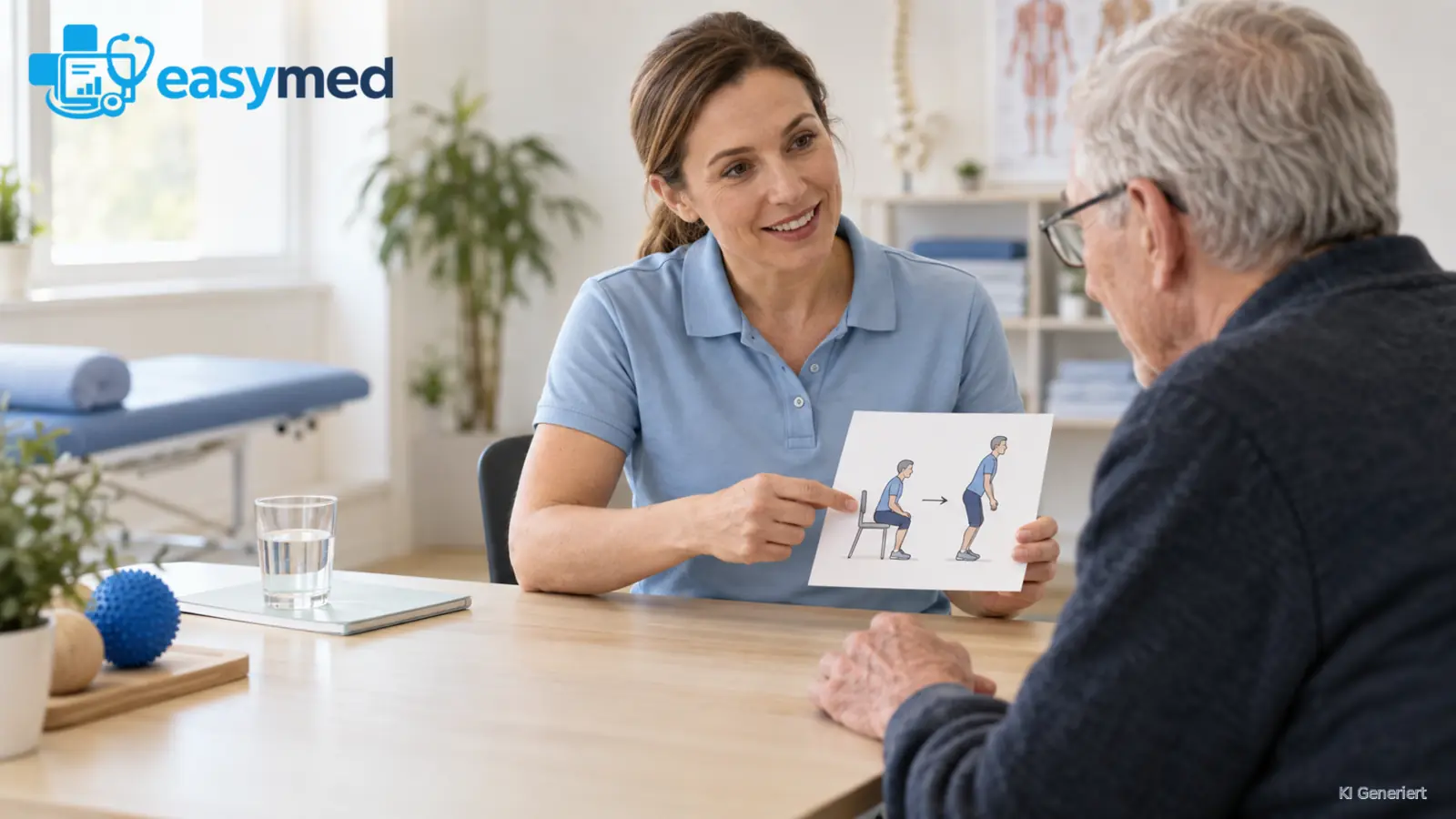 Therapeutin erklärt einem älteren Patienten eine einfache bildliche Übungsanleitung.