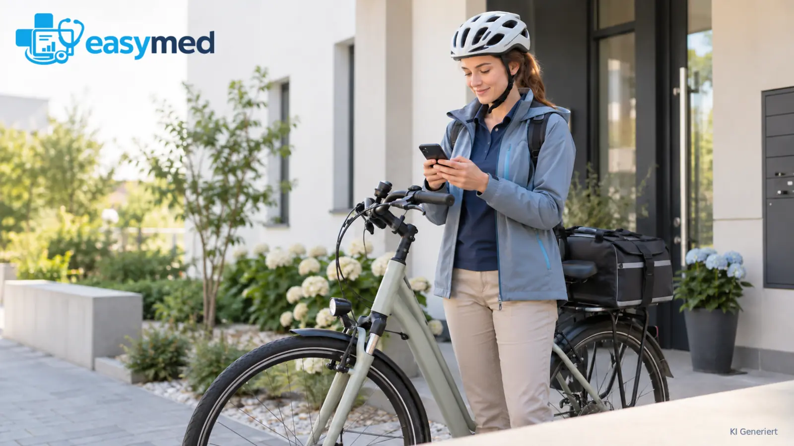 Mobile Physiotherapeutin plant einen Hausbesuch neben ihrem Fahrrad.