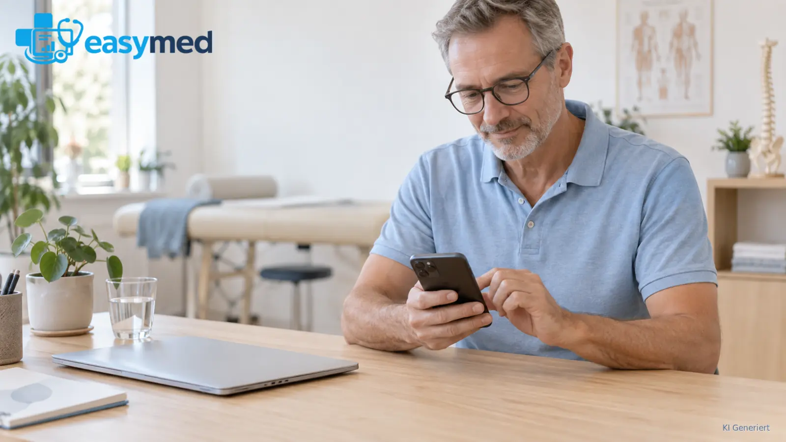 Therapeut prüft sein Smartphone am aufgeräumten Praxisschreibtisch.
