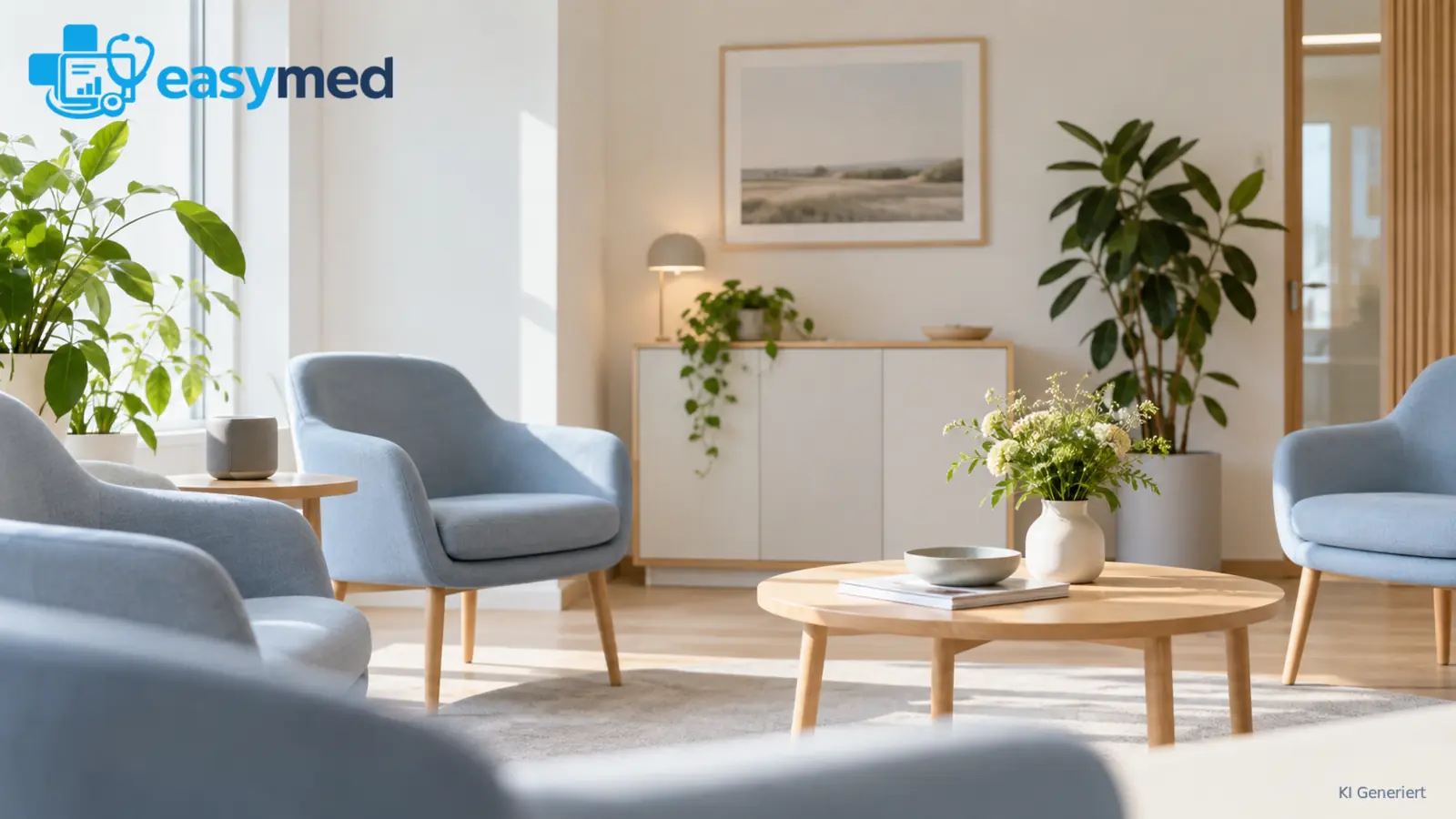 Ruhiges Wartezimmer mit hellen Materialien, blauen Sitzmöbeln und Pflanzen.