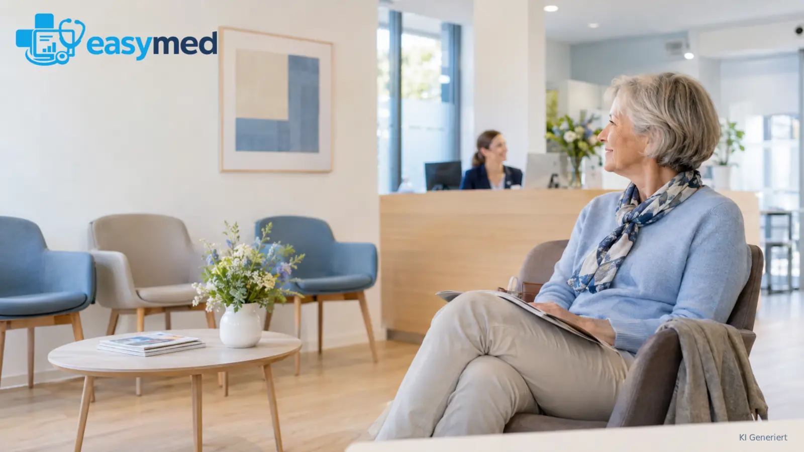 Ältere Patientin wartet in einem übersichtlichen Wartezimmer mit Blick auf den Empfang.