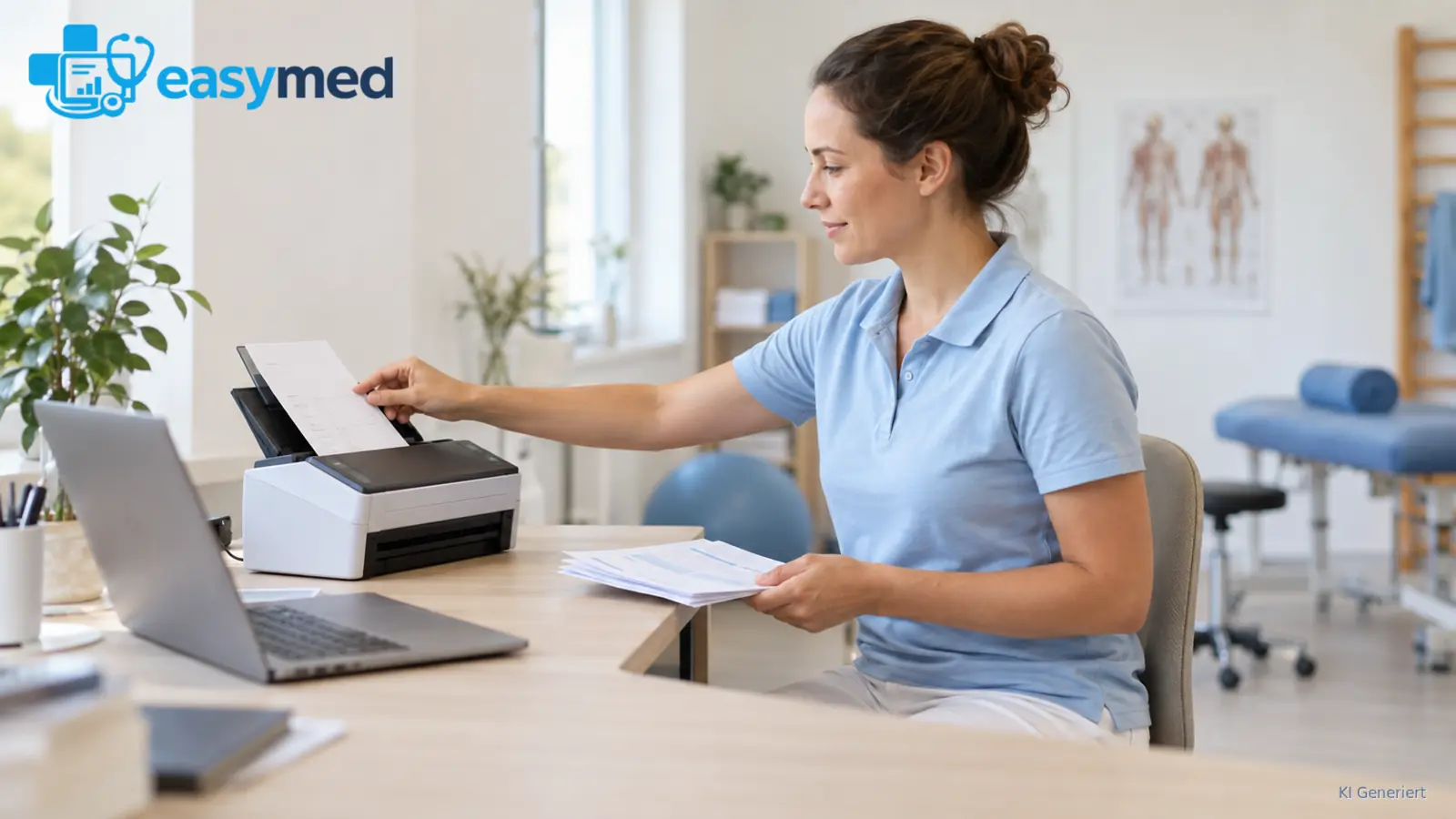 Physiotherapeutin digitalisiert Papierunterlagen am Scanner neben ihrem Laptop.