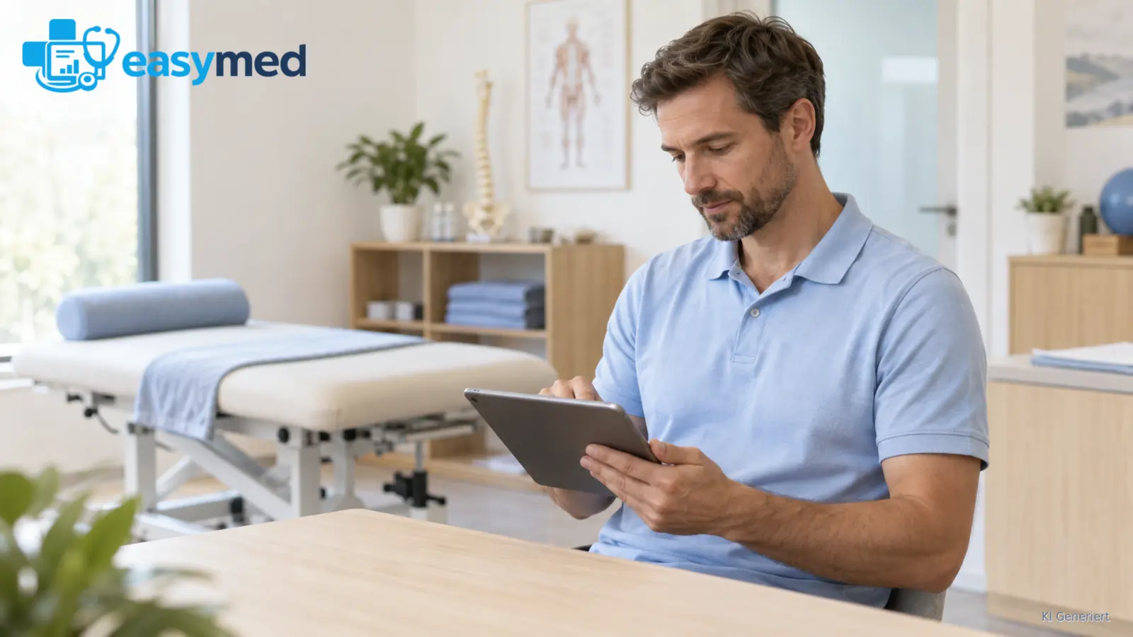 Therapeut dokumentiert nach der Behandlung am Tablet neben der Therapieliege.