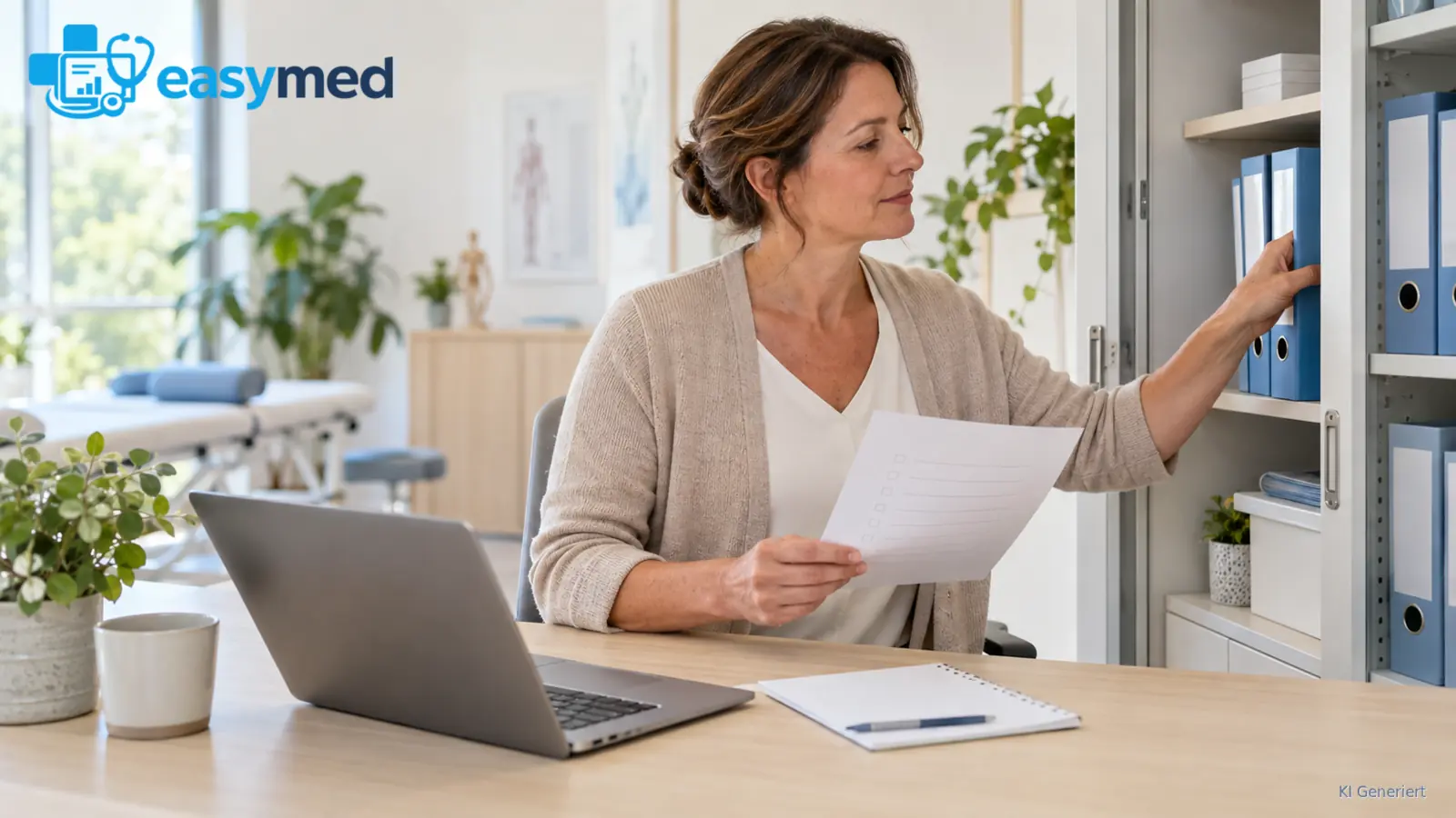 Praxisadministratorin pflegt digitale Abläufe und ordnet die zugehörigen Unterlagen.
