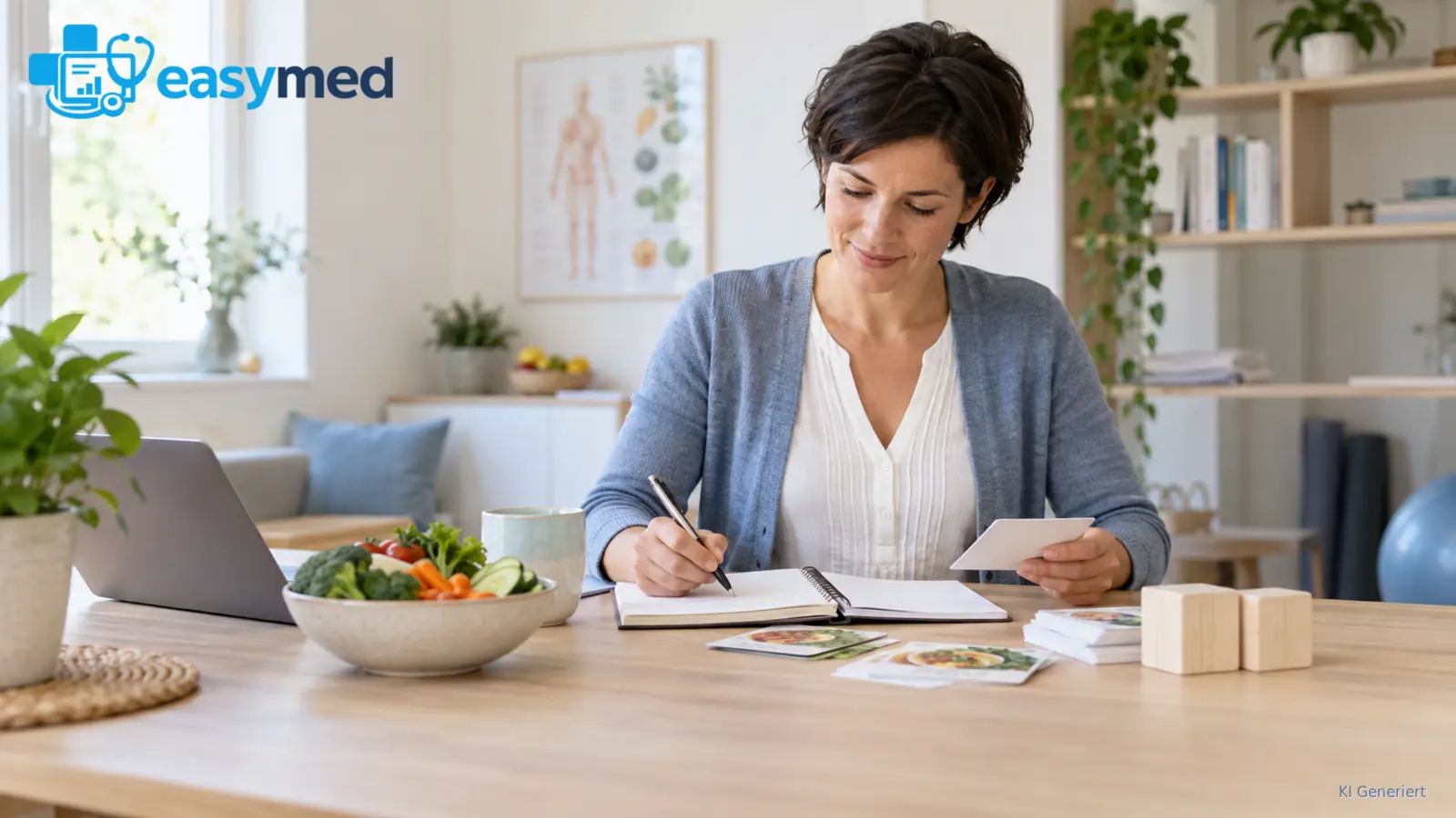 Ernährungsberaterin plant Beratungen und Workshops neben Gemüse und neutralen Rezeptkarten.