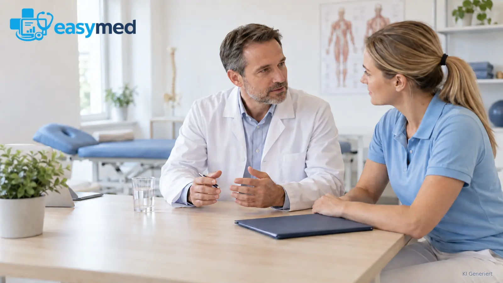 Arzt und Physiotherapeutin stimmen eine fachliche Rückfrage anhand einer geschlossenen Mappe ab.