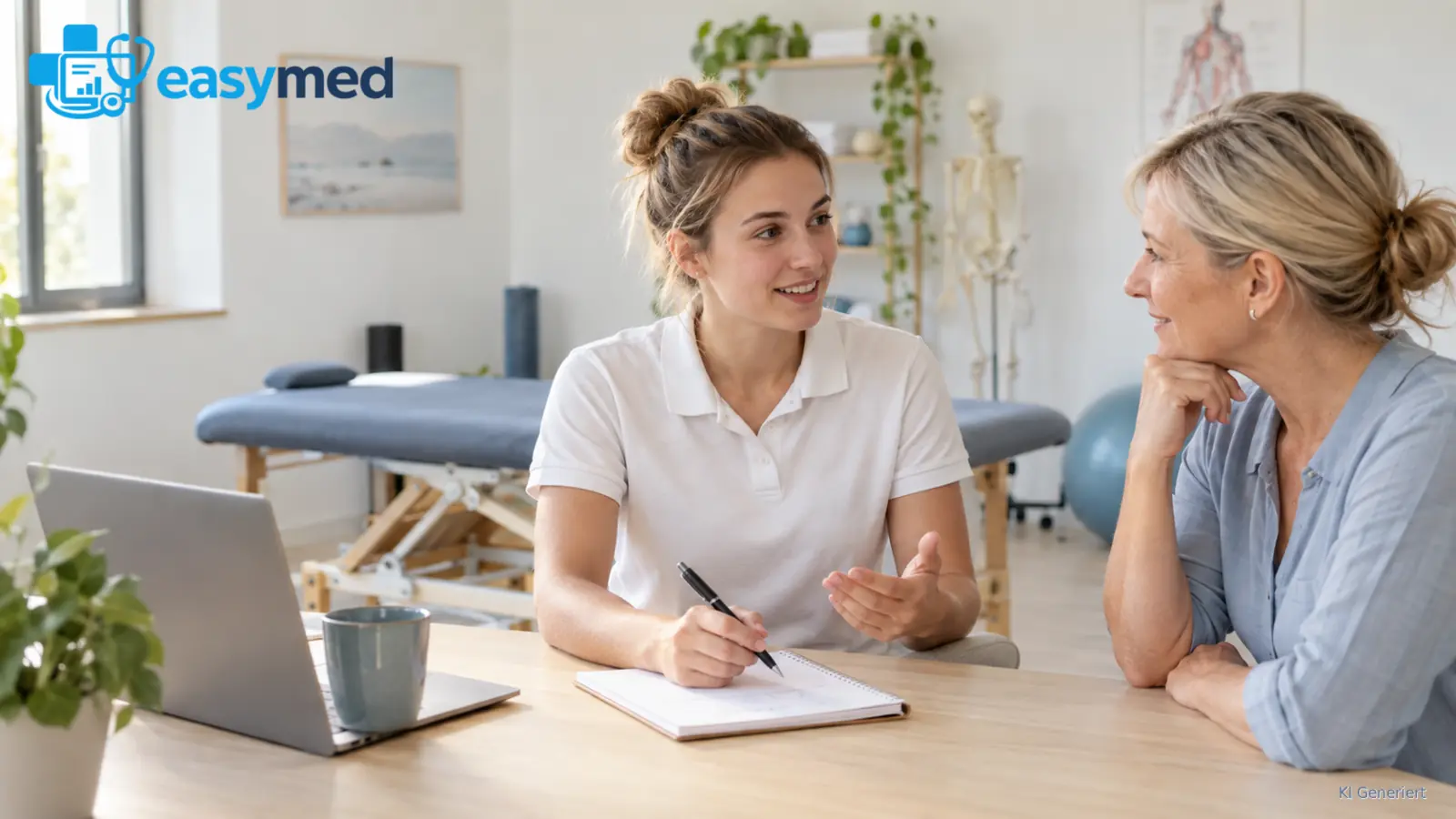 Junge Physiotherapeutin bespricht ihre Gründungsentscheidung mit einer erfahrenen Kollegin.
