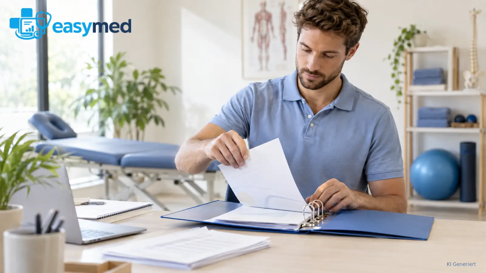 Physiotherapeut ordnet Nachweise und Unterlagen in seinem Gründungsordner.