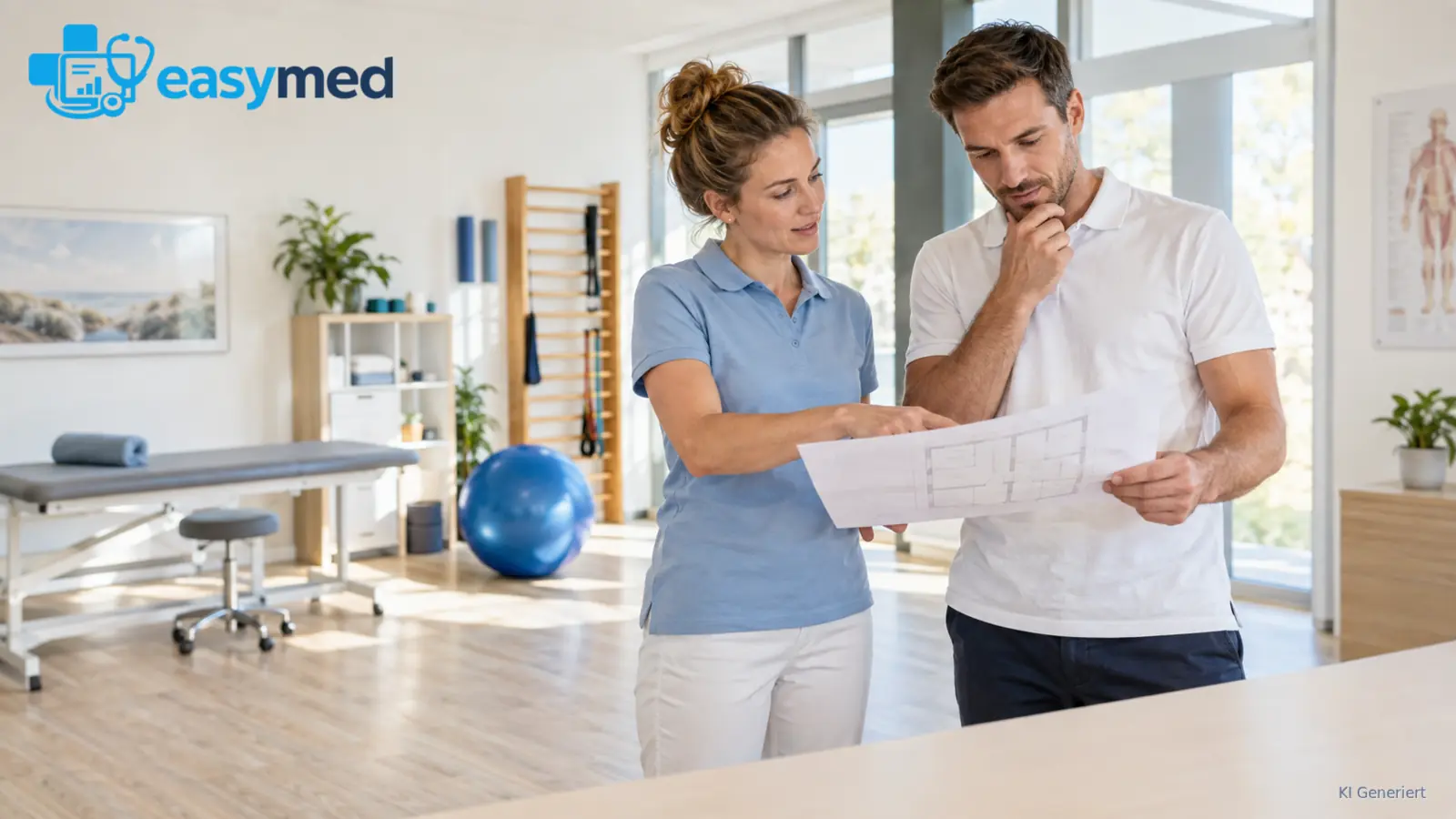 Zwei Physiotherapeuten planen Praxisräume und ihren Behandlungsschwerpunkt.