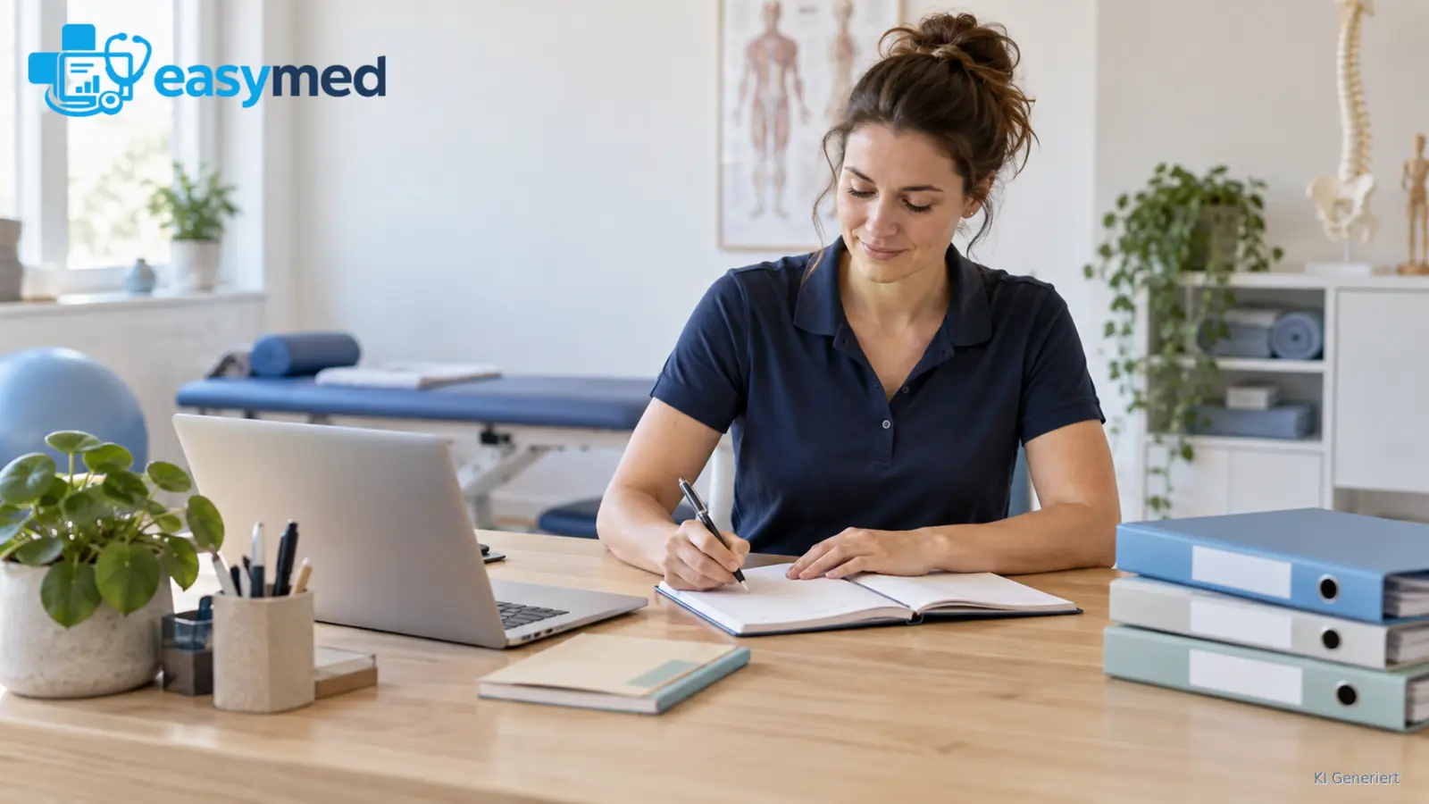 Physiotherapiegründerin organisiert ihre Arbeitsroutinen mit Kalender und Unterlagen.
