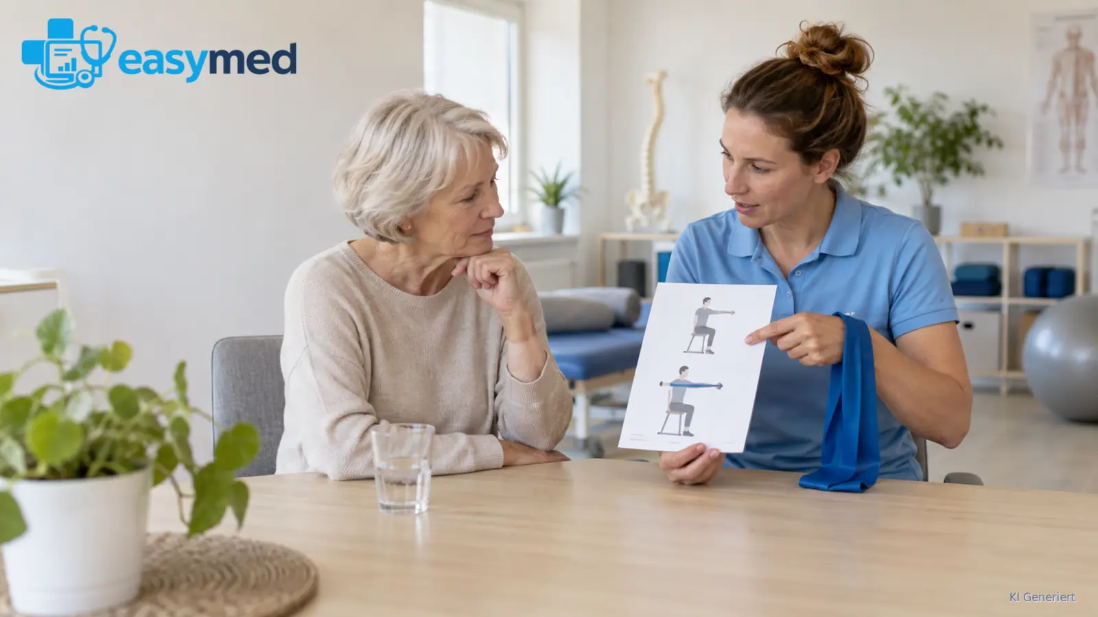 Physiotherapeutin erklärt einer Patientin eine Übungsdarstellung im Beratungsgespräch.