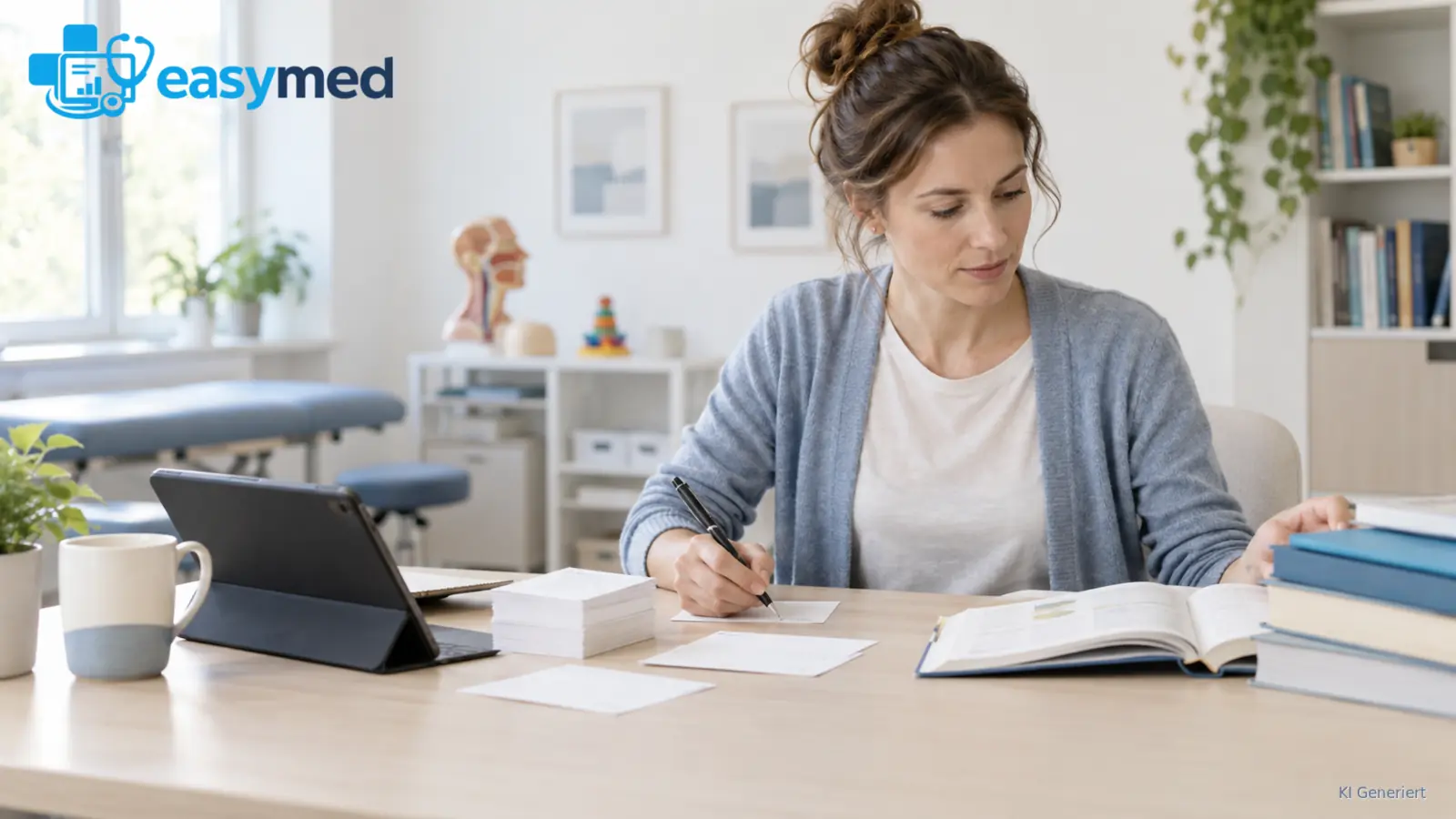 Logopädin plant Praxisarbeit und Lehre mit Tablet, Büchern und Lernkarten.