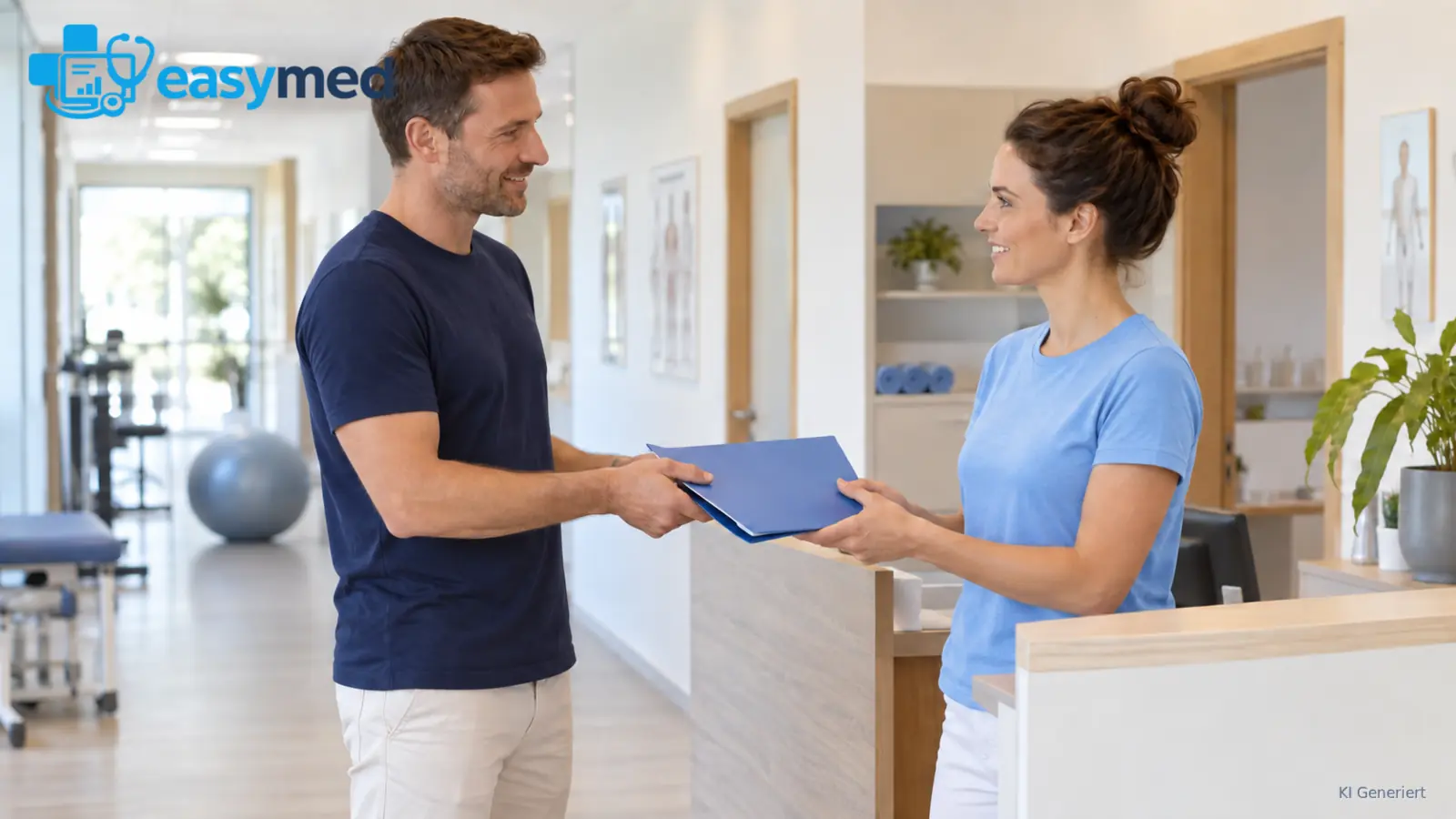 Zwei Fachkräfte stimmen den Übergang von der Rehabilitation zur Physiotherapiepraxis ab.