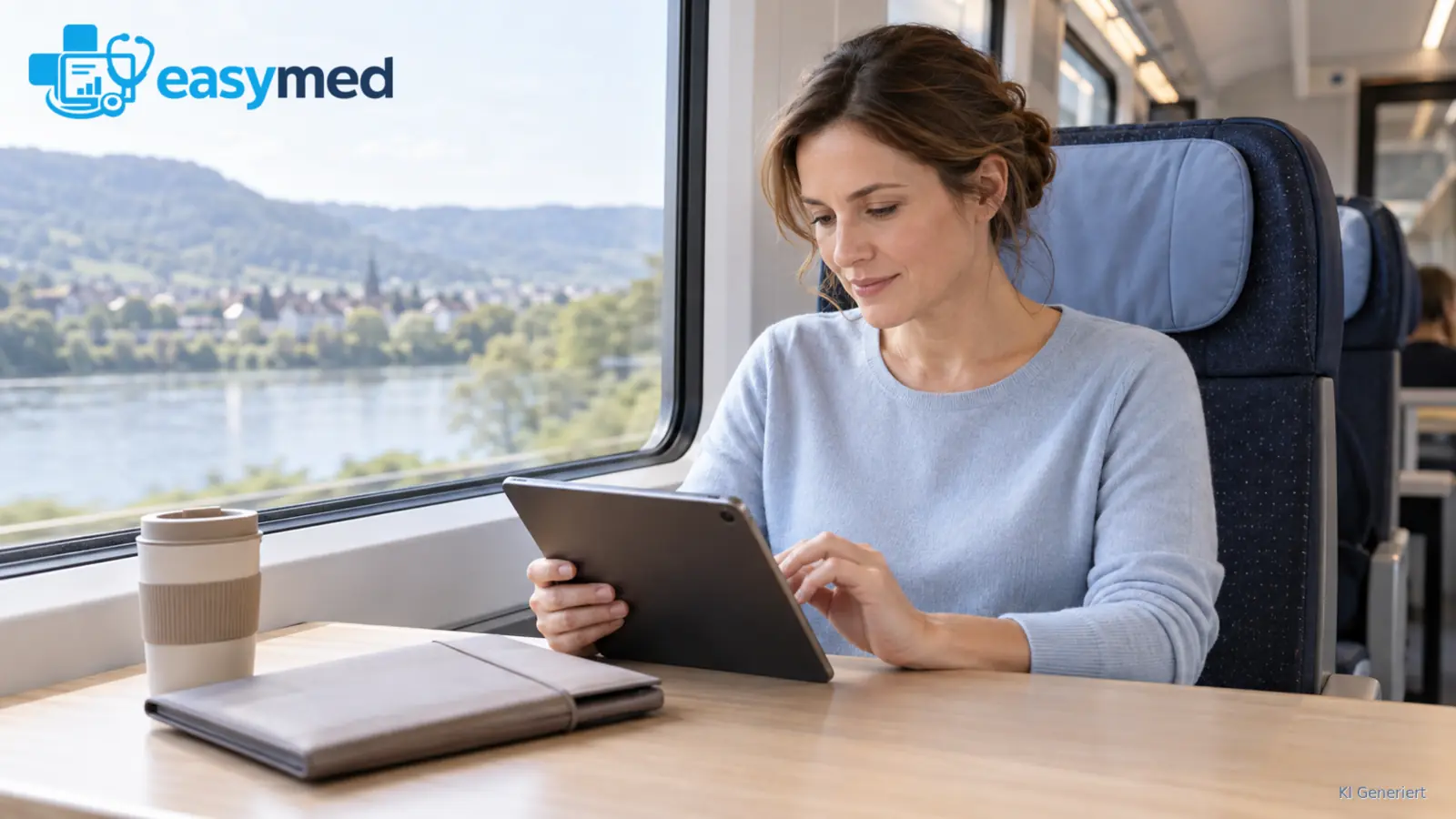 Eine Frau sitzt im Zug mit einem Tablet vor sich; der Bildschirminhalt ist nicht erkennbar.