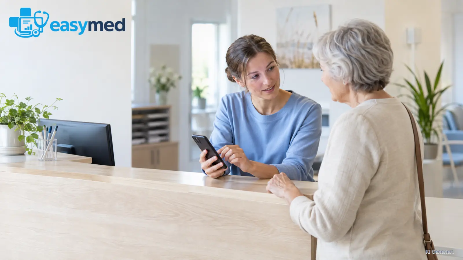 Empfangsmitarbeiterin bespricht mit einer älteren Patientin den Bedarf an Online-Terminen.