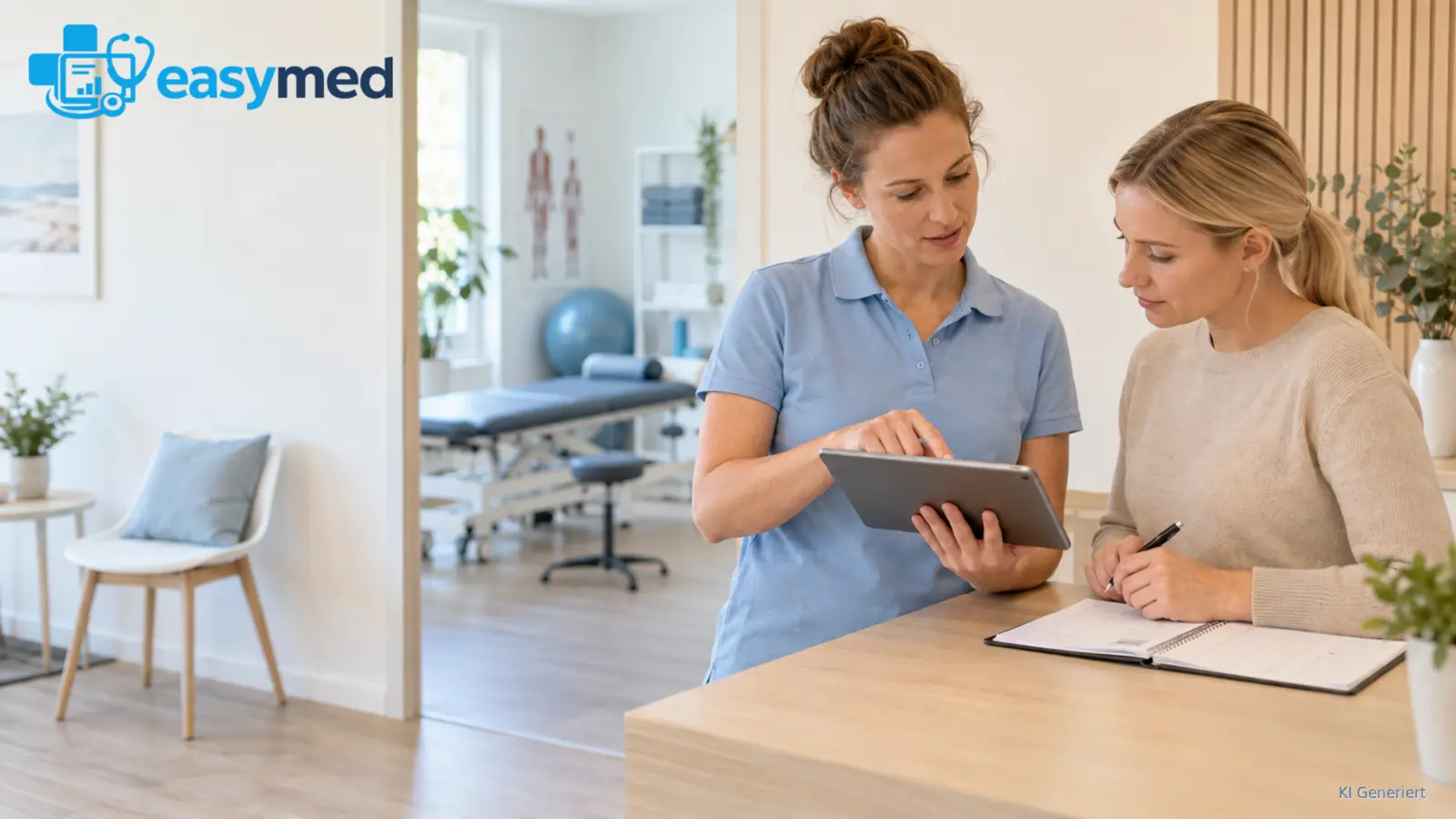 Physiotherapeutin und Empfangskraft prüfen die Terminplanung am Tablet und Papierkalender.