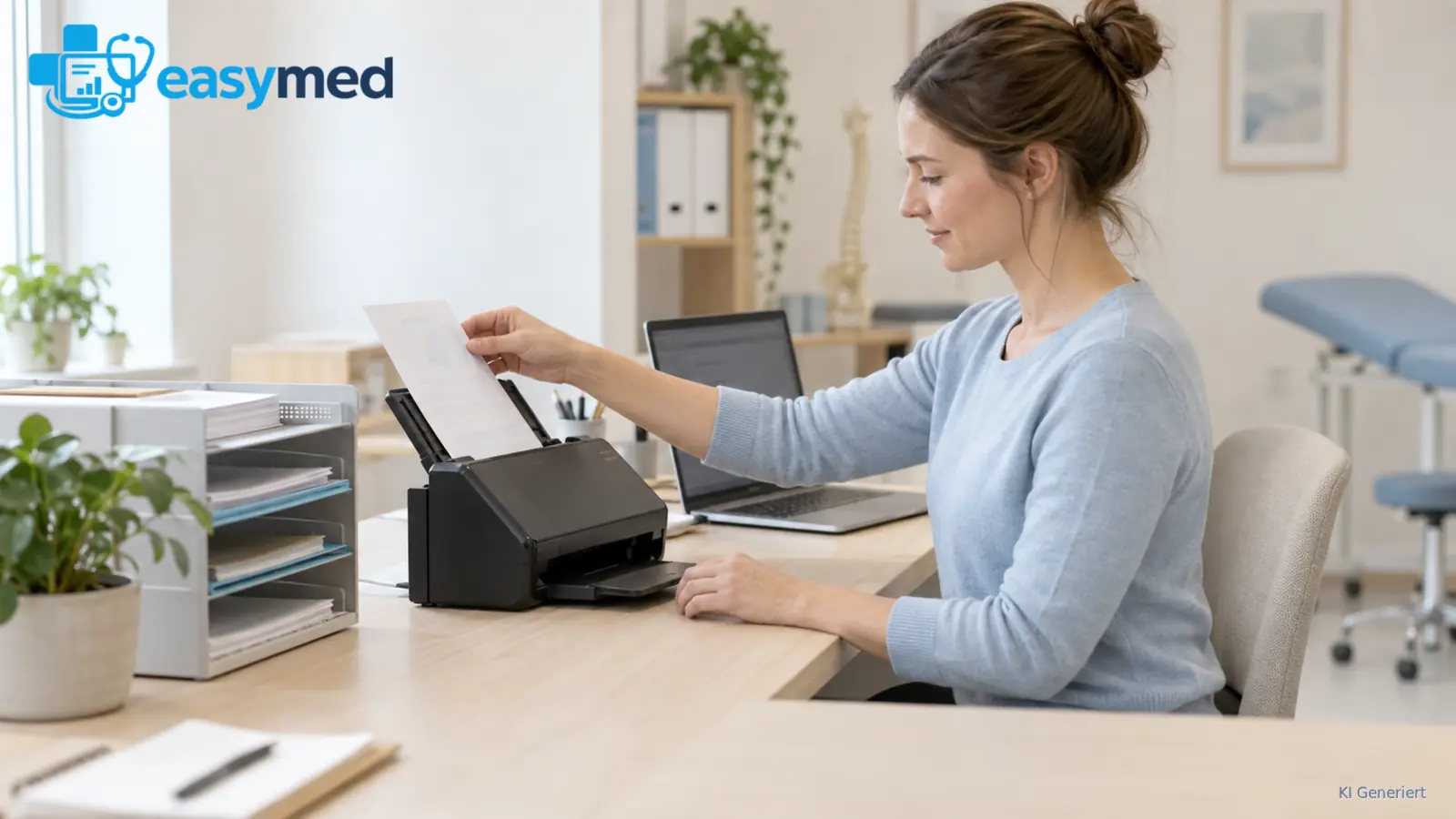 Praxismitarbeiterin digitalisiert ein eingegangenes Dokument am Scanner.