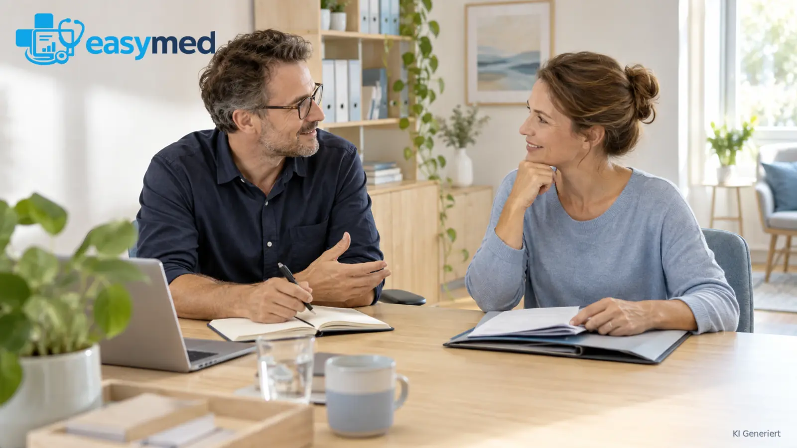 Zwei Praxispartner besprechen Aufgaben und Entscheidungen der gemeinsamen Leitung.